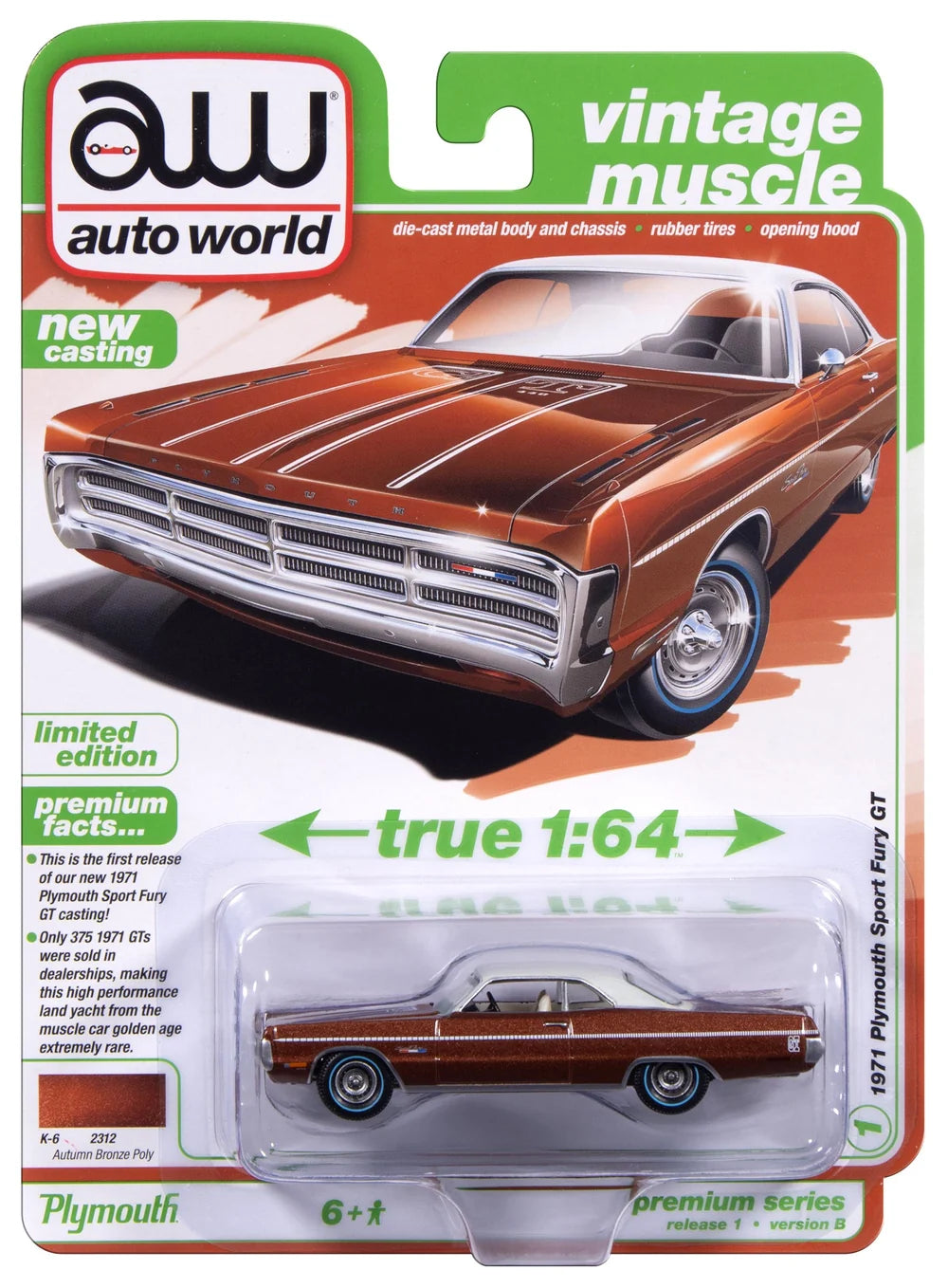 Auto World Vintage Muscle, 1971 Plymouth Sport Fury GT, autumn bronze poly