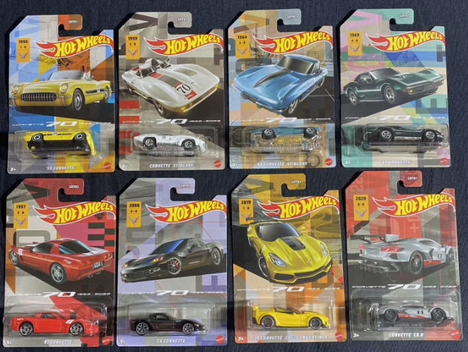 Hot Wheels 2023 Corvette 70th Anniversary Series, Full set of 8, shipped in Pro-Tech cases