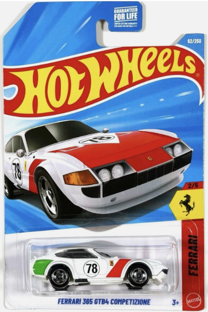 Hot Wheels 2026 #062/250, Ferrari 365 GTB4 Competizione, white w/green & red