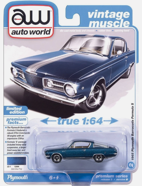 Auto World Vintage Muscle, 1965 Plymouth Barracuda Formula S, Fury III, dark blue poly