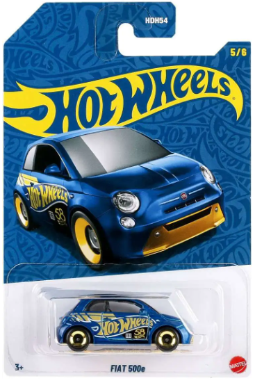 Hot Wheels 2026 58th Anniversary Mix 2 5/6, Fiat 500e, blue and gold