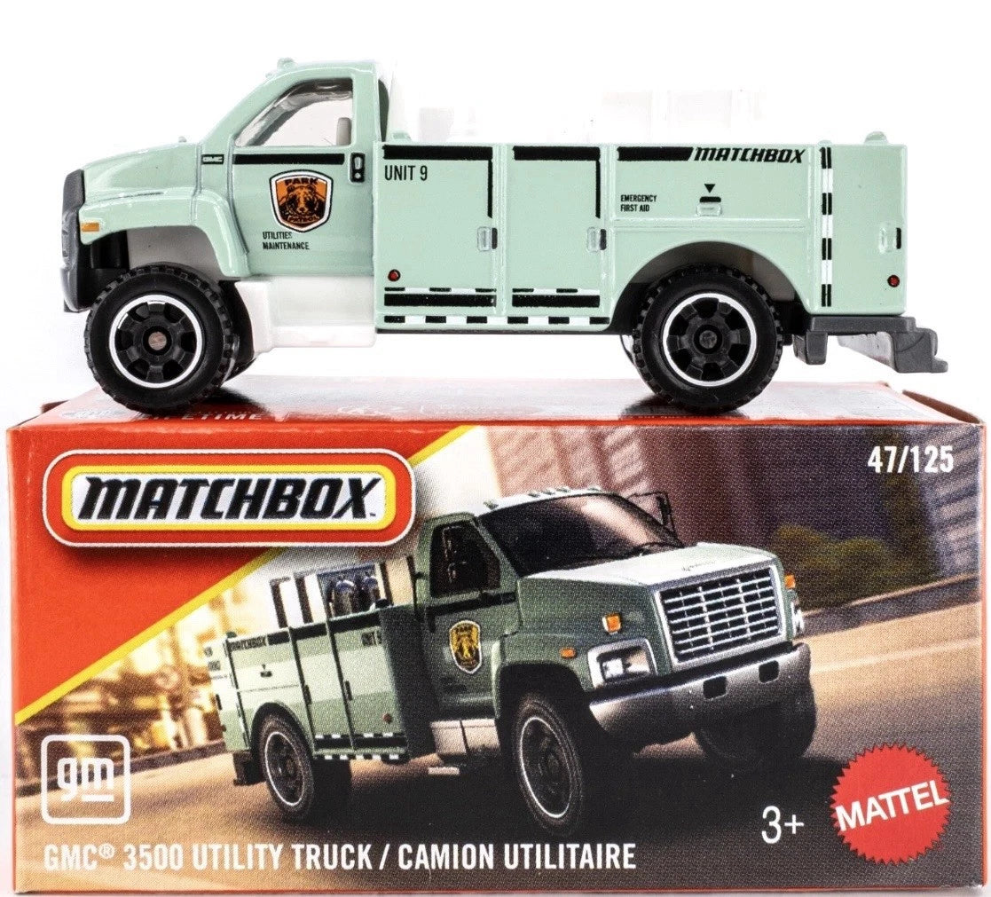 Matchbox 2026 Power Grabs #047/100, GMC 3500 Utility Truck, national parks green