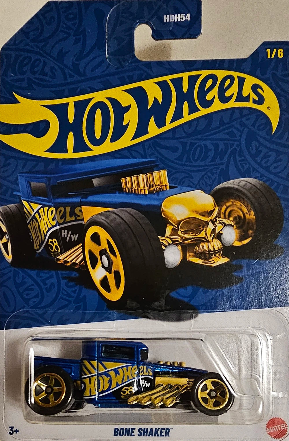 Hot Wheels 2026 58th Anniversary Mix A, 1/6 Bone Shaker, blue and gold