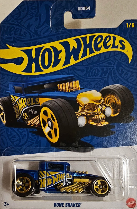 Hot Wheels 2026 58th Anniversary Mix A, 1/6 Bone Shaker, blue and gold