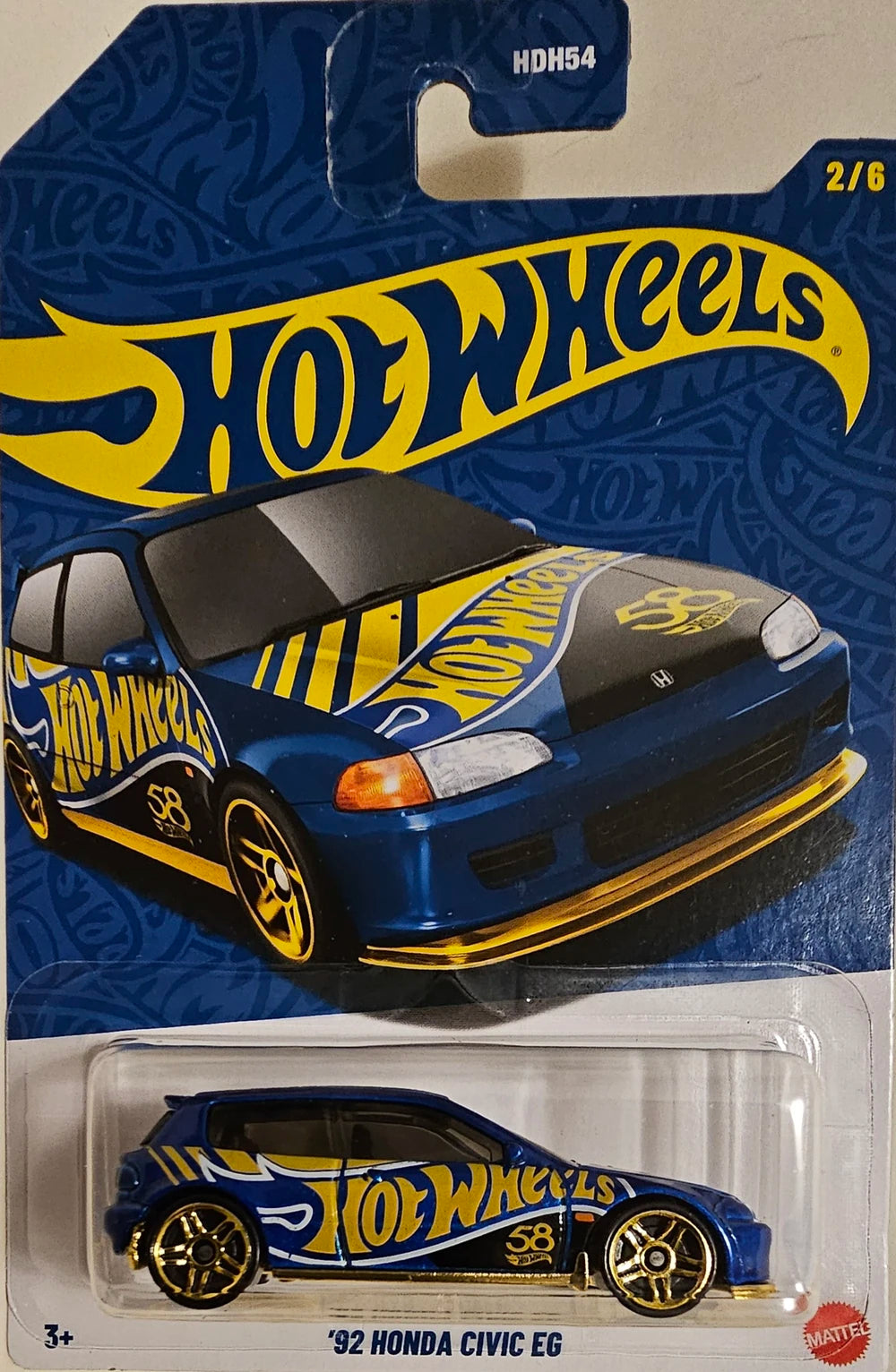 Hot Wheels 2026 58th Anniversary Mix A, 2/6 '92 Honda Civic EG, blue and gold