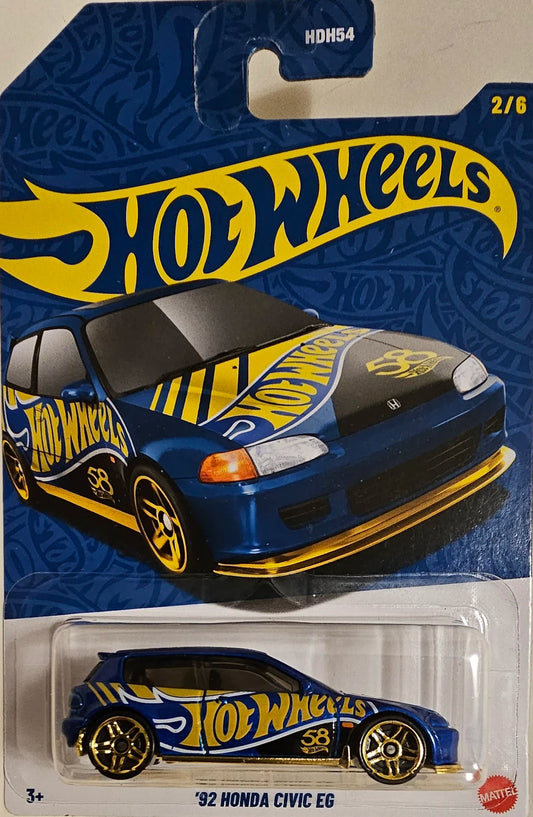 Hot Wheels 2026 58th Anniversary Mix A, 2/6 '92 Honda Civic EG, blue and gold
