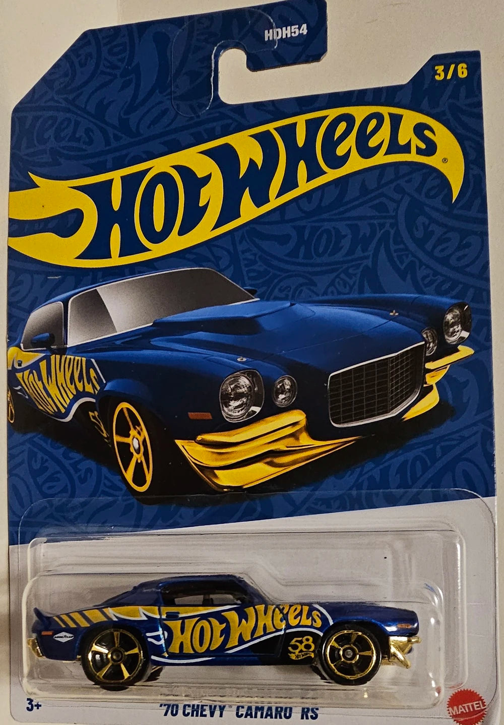 Hot Wheels 2026 58th Anniversary Mix A, 3/6 '70 Chevy Camaro RS, blue and gold