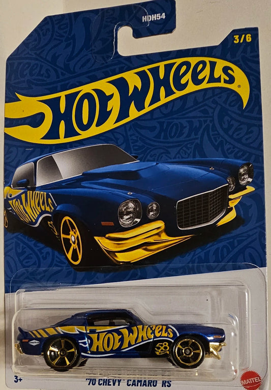 Hot Wheels 2026 58th Anniversary Mix A, 3/6 '70 Chevy Camaro RS, blue and gold