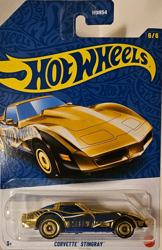 Hot Wheels 2026 58th Anniversary Mix A, 6/6 Corvette Stingray, chrome gold
