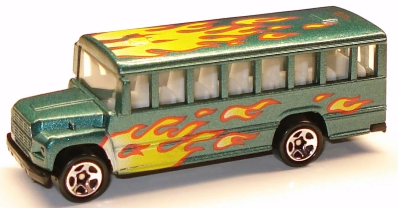 Hot Wheels 1997 #538, School Bus, NEW/LOOSE, metalflake dark green (no window bars)