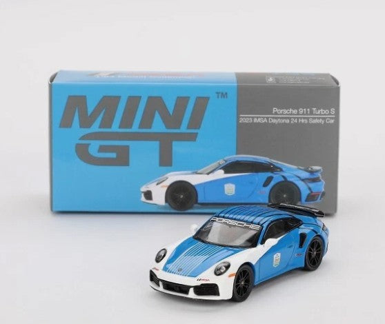 Mini GT #735 Porsche 911 Turbo S, 2023 IMSA Daytona Safety Car, NEW/LOOSE, blue