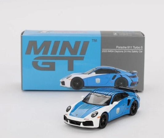 Mini GT #735 Porsche 911 Turbo S, 2023 IMSA Daytona Safety Car, NEW/LOOSE, blue