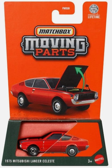 Matchbox 2025 Moving Parts 1975 Mitsubishi Lancer Celeste, reddish orange