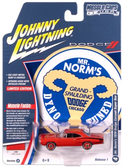 Johnny Lightning Muscle Cars, Mr. Norms 1970 Dodge Coronet Super Bee, hemi orange
