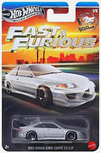 Hot Wheels 2026 Silver Series F&F Silver Anniversary 1/5, 1993 Honda Civic Coupe EX EJ1, silver