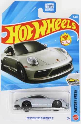 Hot Wheels 2026 #015/250, Porsche 911 Carrera T, light grey