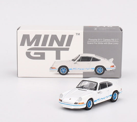 Mini GT #715 Porsche 911 Carrera RS 2.7, NEW/LOOSE, Grand Prix white with blue livery