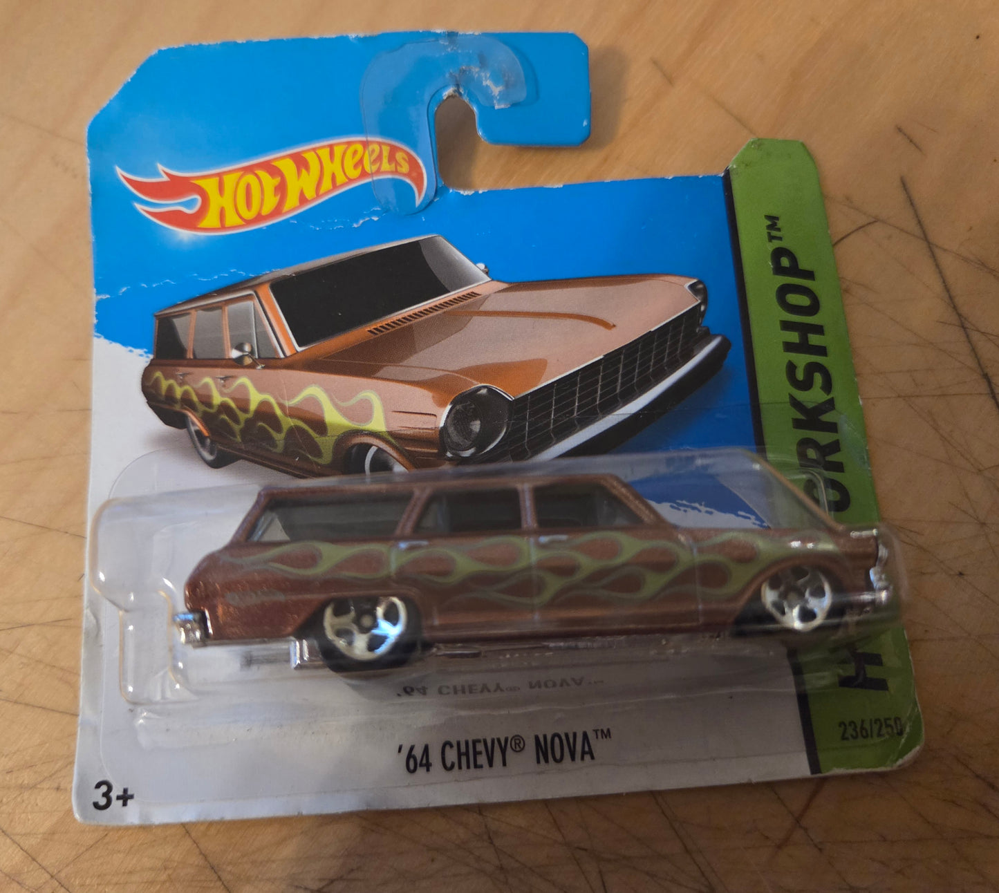 Hot Wheels 2014 #236/250 '64 Chevy Nova Wagon, SHORT CARD, metalflake brown (fair condition card)