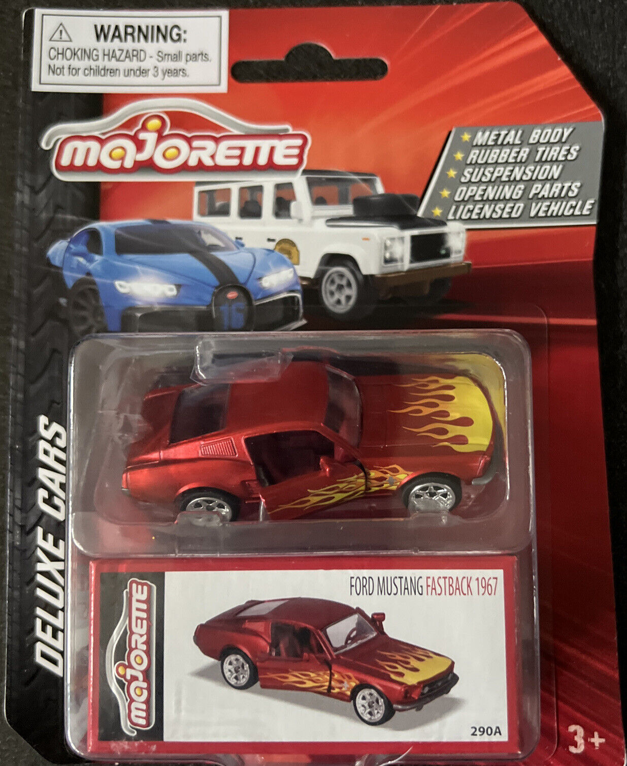 Majorette Deluxe Cars 1967 Ford Mustang Fastback, red w/flames