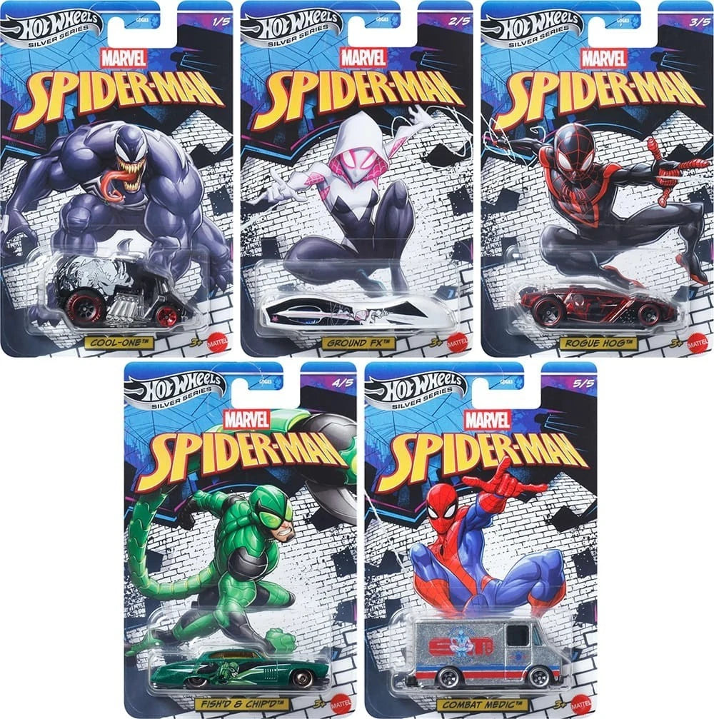 Hot Wheels 2026 Spiderman Marvel, Walmart Exclusive Silver Series, set of 5