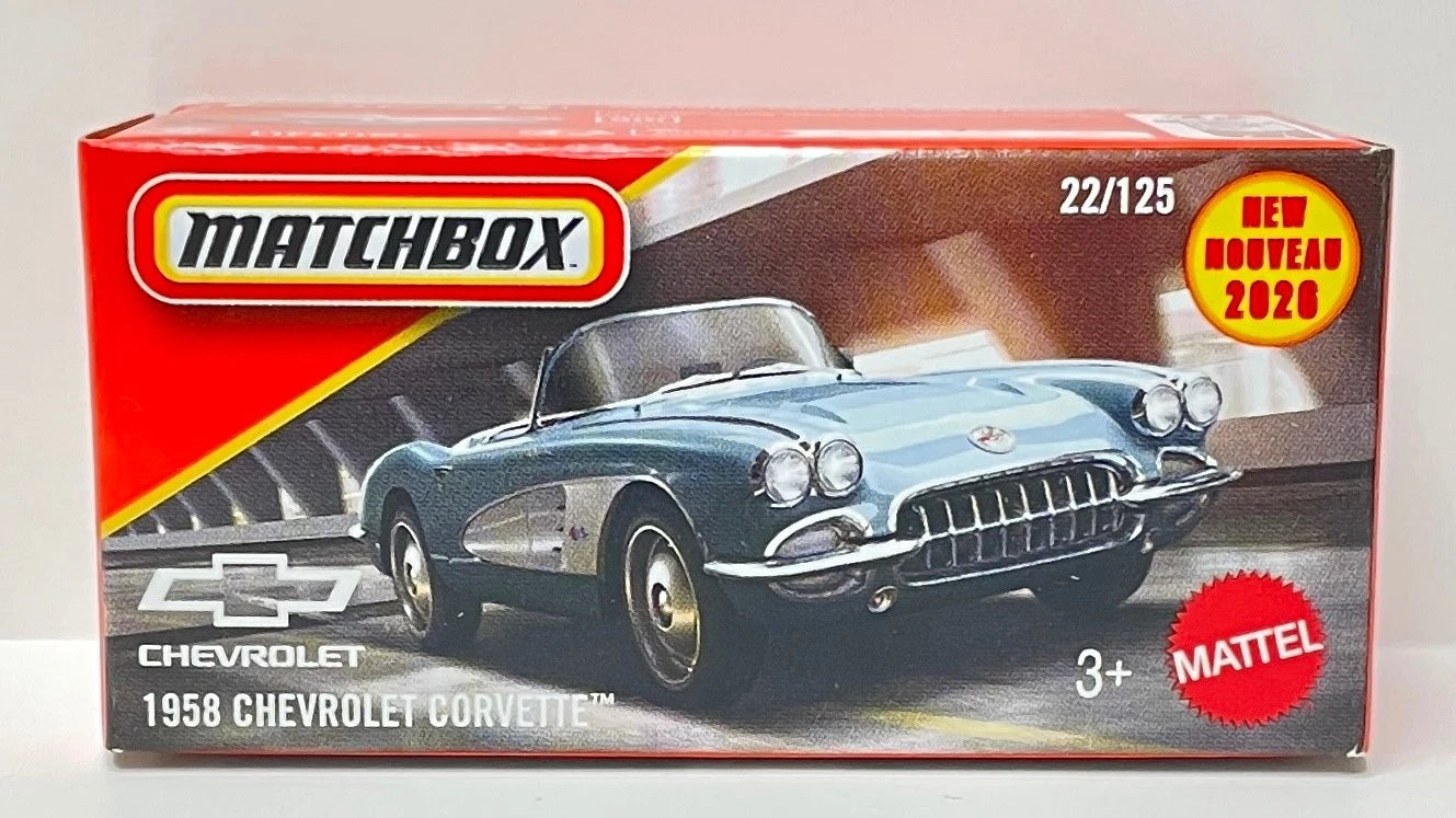 Matchbox 2025 Power Grabs #022/125, 1958 Chevrolet Corvette, silver blue metallic